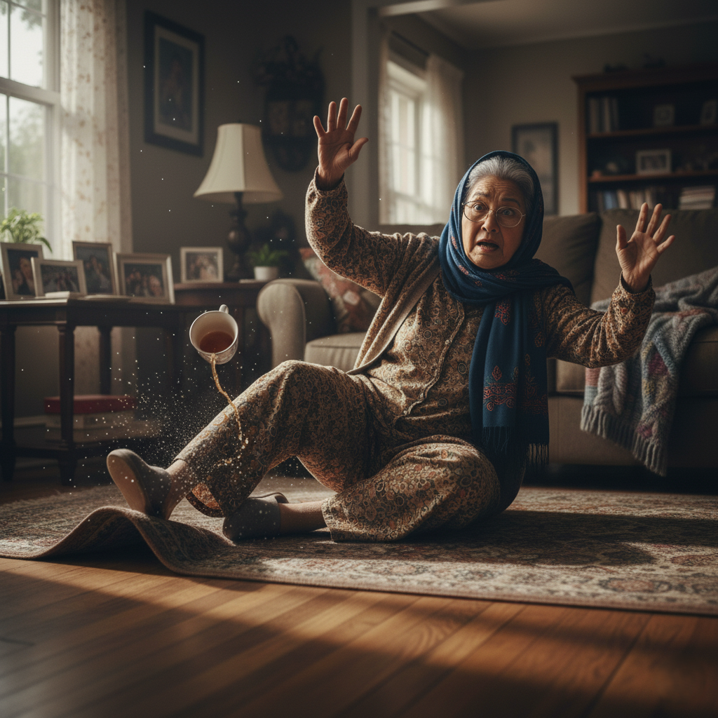 تُظهر هذه الصورة امرأة مصرية مسنة تتعرض للسقوط بسبب تعثرها بالسجادة.