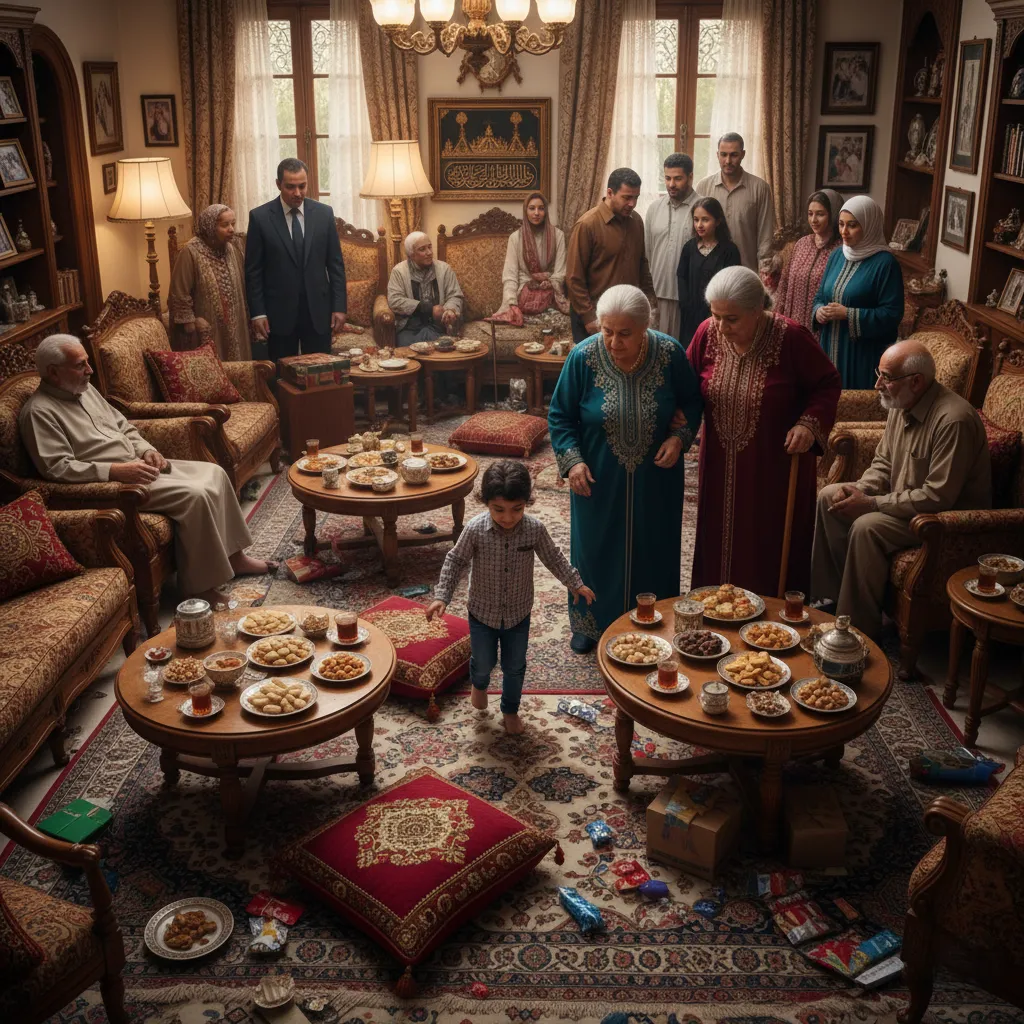 صورة تُظهر مشهد تجمع عائلي في منزل مصري حيث تم إعادة ترتيب أثاث غرفة المعيشة وإضافة بعض العناصر، مما أدى إلى تقليل مساحة المشي الآمنة بشكل كبير.