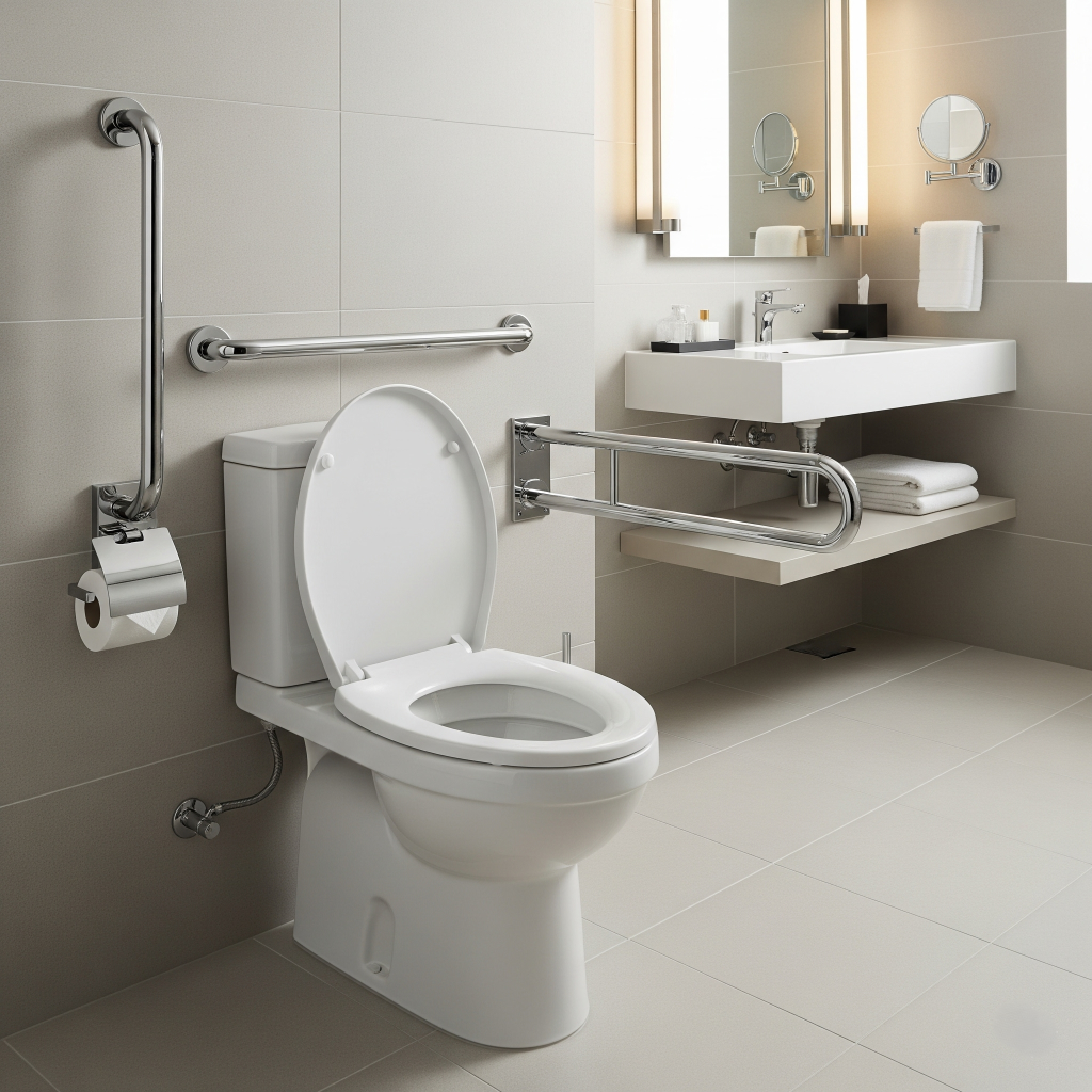 تم تركيب قضبان الإمساك بجوار المرحاض.