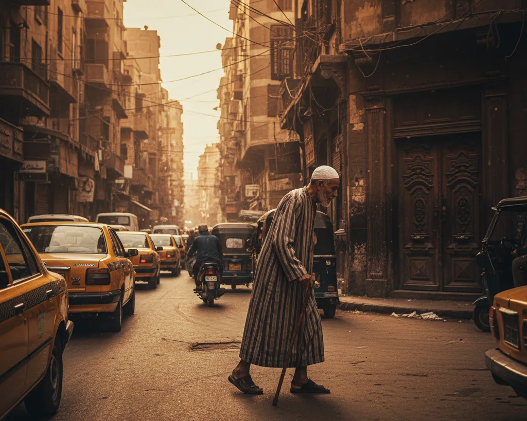 صورة تُظهر شخصًا مسنًا يتجول في شوارع القاهرة الصاخبة، مسلطًا الضوء على التحديات التي قد يواجهها قبل وصوله أخيرًا إلى منزله.
