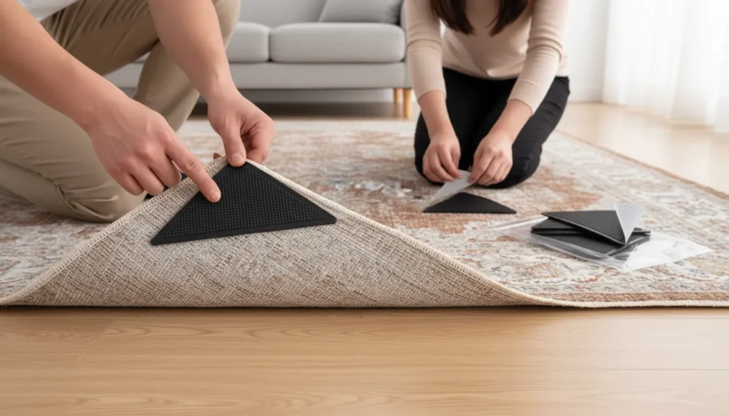 صورة توضح كيفية تأمين السجاد الفضفاض باستخدام ملقط السجاد غير القابل للانزلاق.