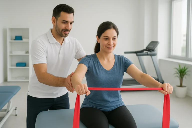 أخصائي العلاج الطبيعي يشرف على مريض يمارس تمارين علاجية باستخدام أشرطة المقاومة