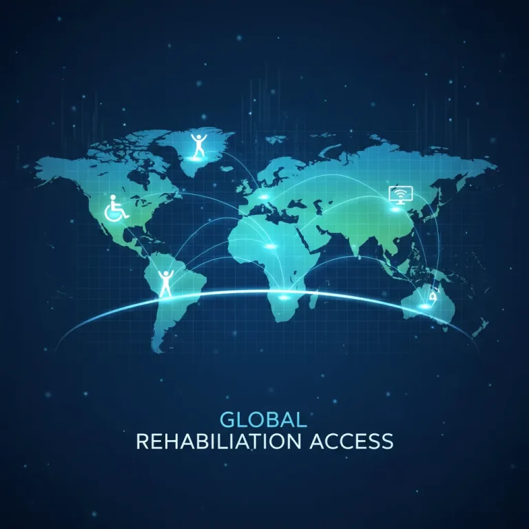 World map with health and rehabilitation icons